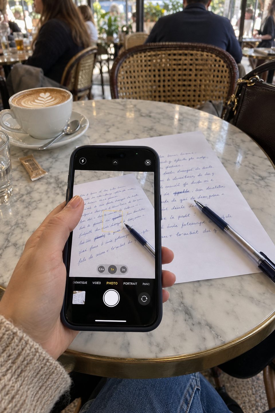 Une main tient un téléphone au-dessus d'une feuille manuscrite posée sur une table, prête à la photographier.